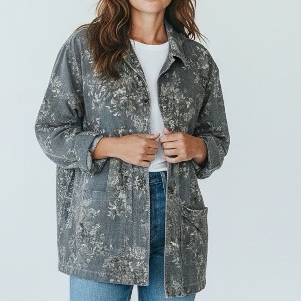 Nanette Keller 100% Linen Shacket XL Gray Floral Artisan Metal Button Cottage